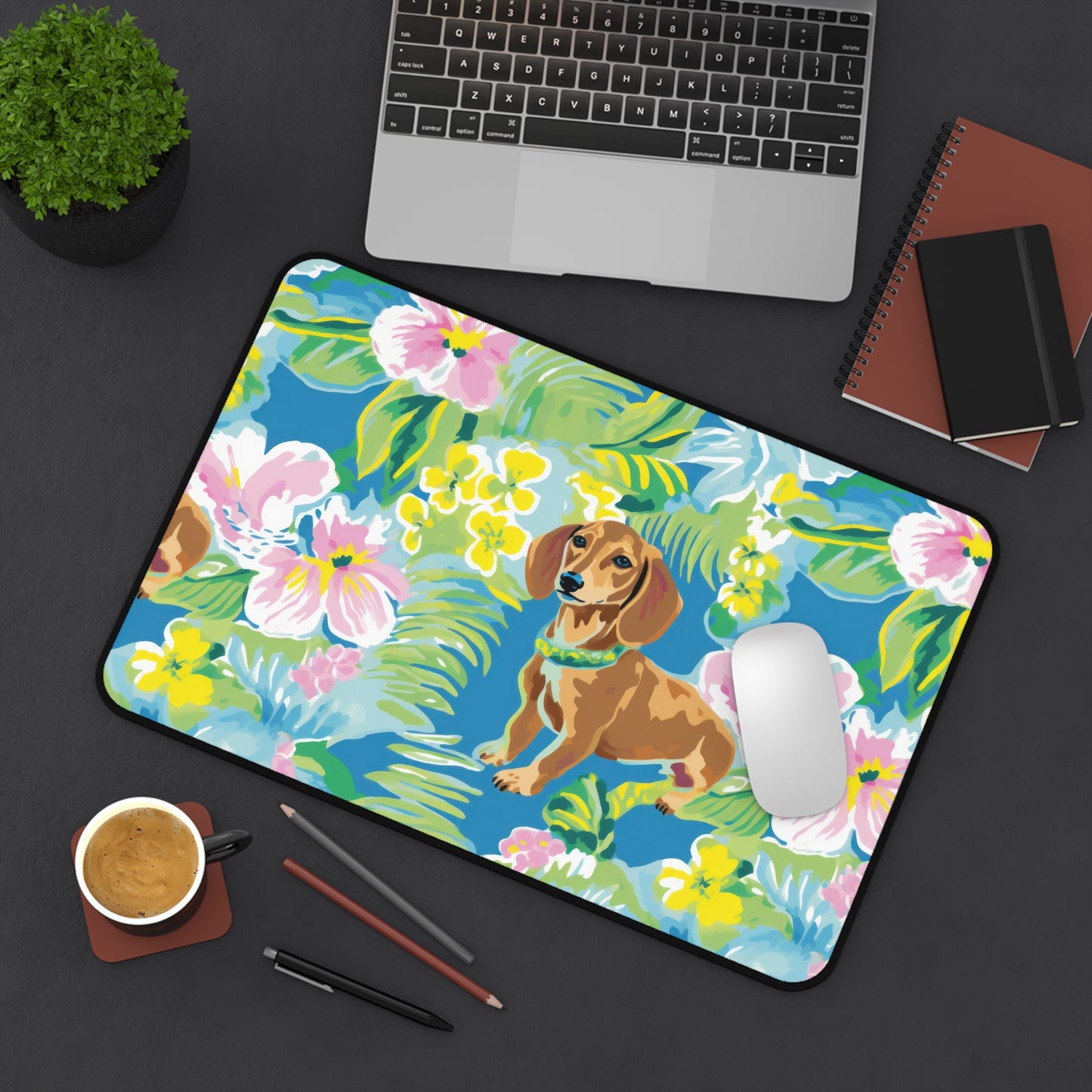 Watercolor Tropical Dachshund Desk Mat — Coastal Weenie Dog Mouse Pad