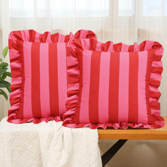 Pink & Red Striped Ruffle Pillow Covers – Velvet 18x18, Set of 2