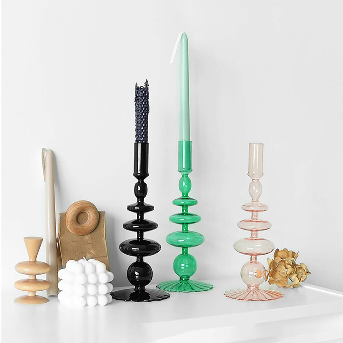 Olive Green Glass Candlestick Holders | Vintage Taper Candle Centerpieces