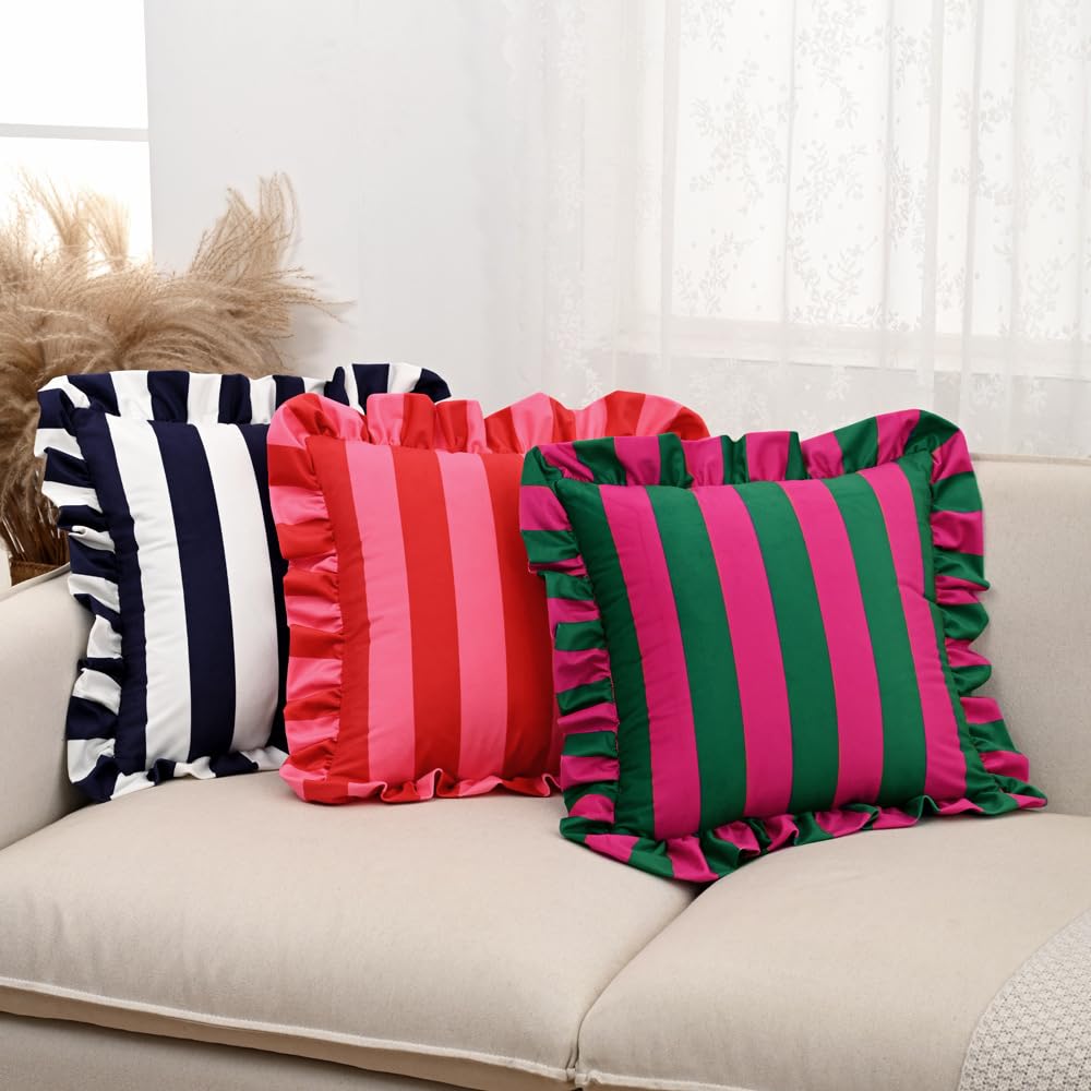 Pink & Red Striped Ruffle Pillow Covers – Velvet 18x18, Set of 2