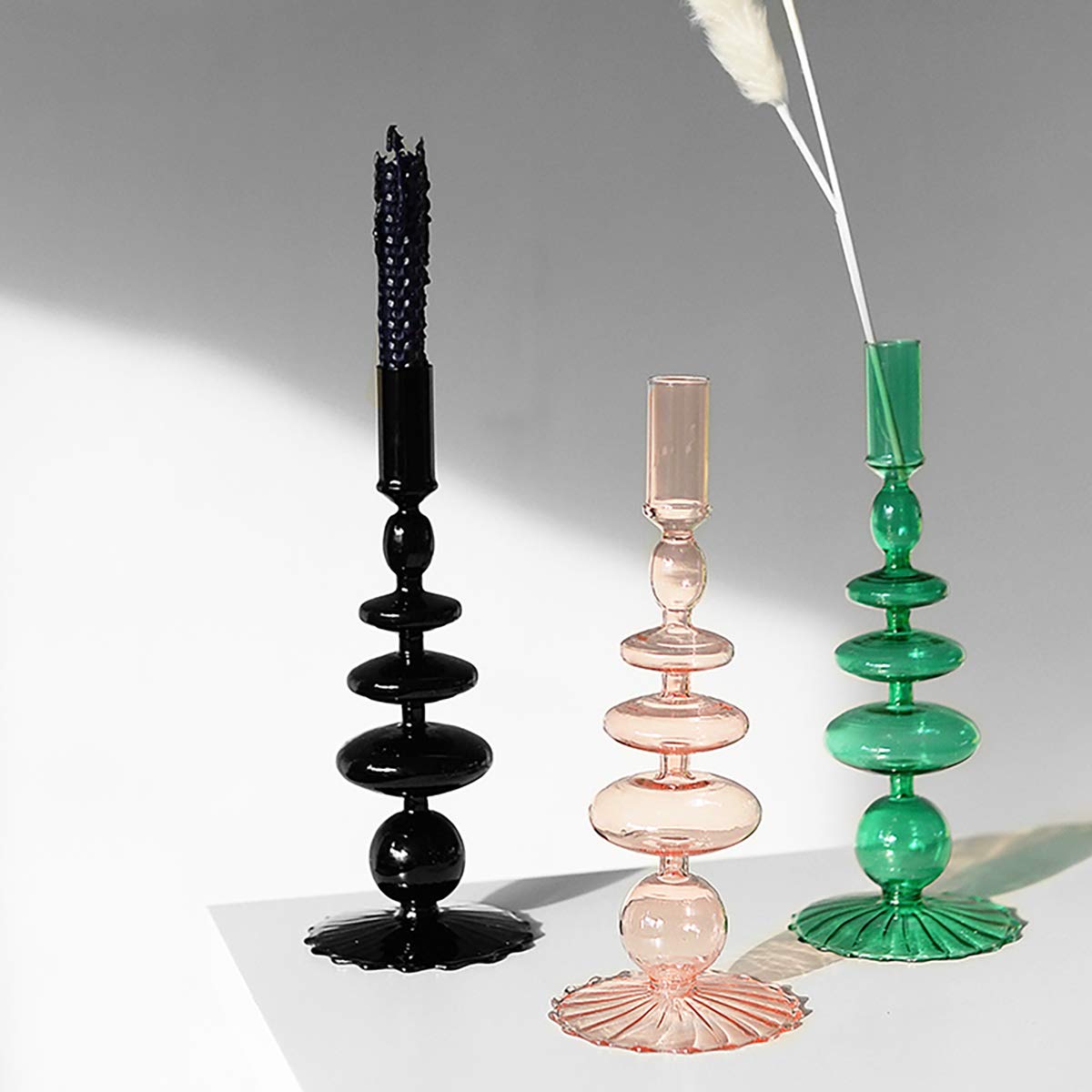 Olive Green Glass Candlestick Holders | Vintage Taper Candle Centerpieces