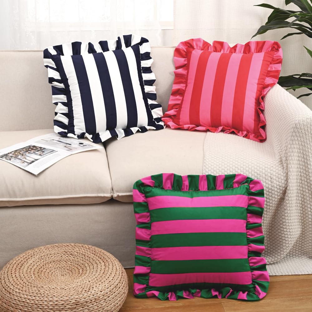 Pink & Red Striped Ruffle Pillow Covers – Velvet 18x18, Set of 2