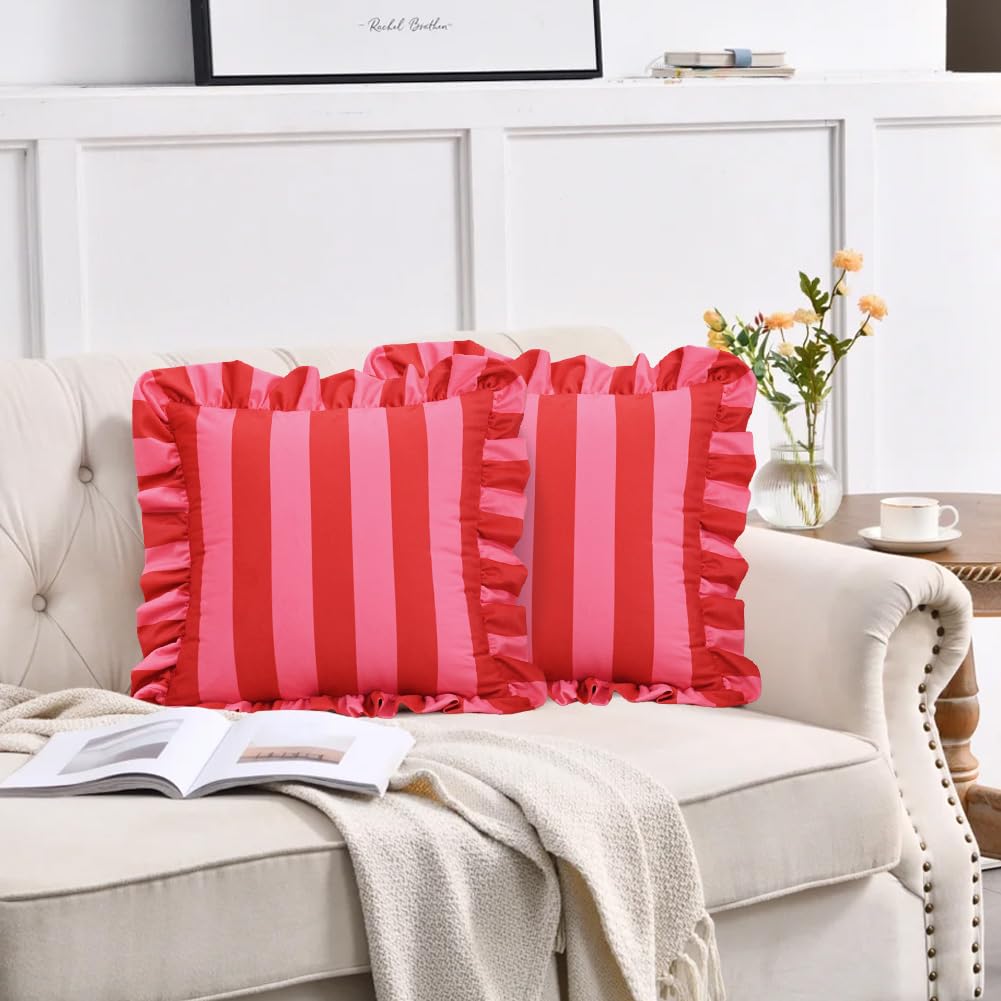 Pink & Red Striped Ruffle Pillow Covers – Velvet 18x18, Set of 2