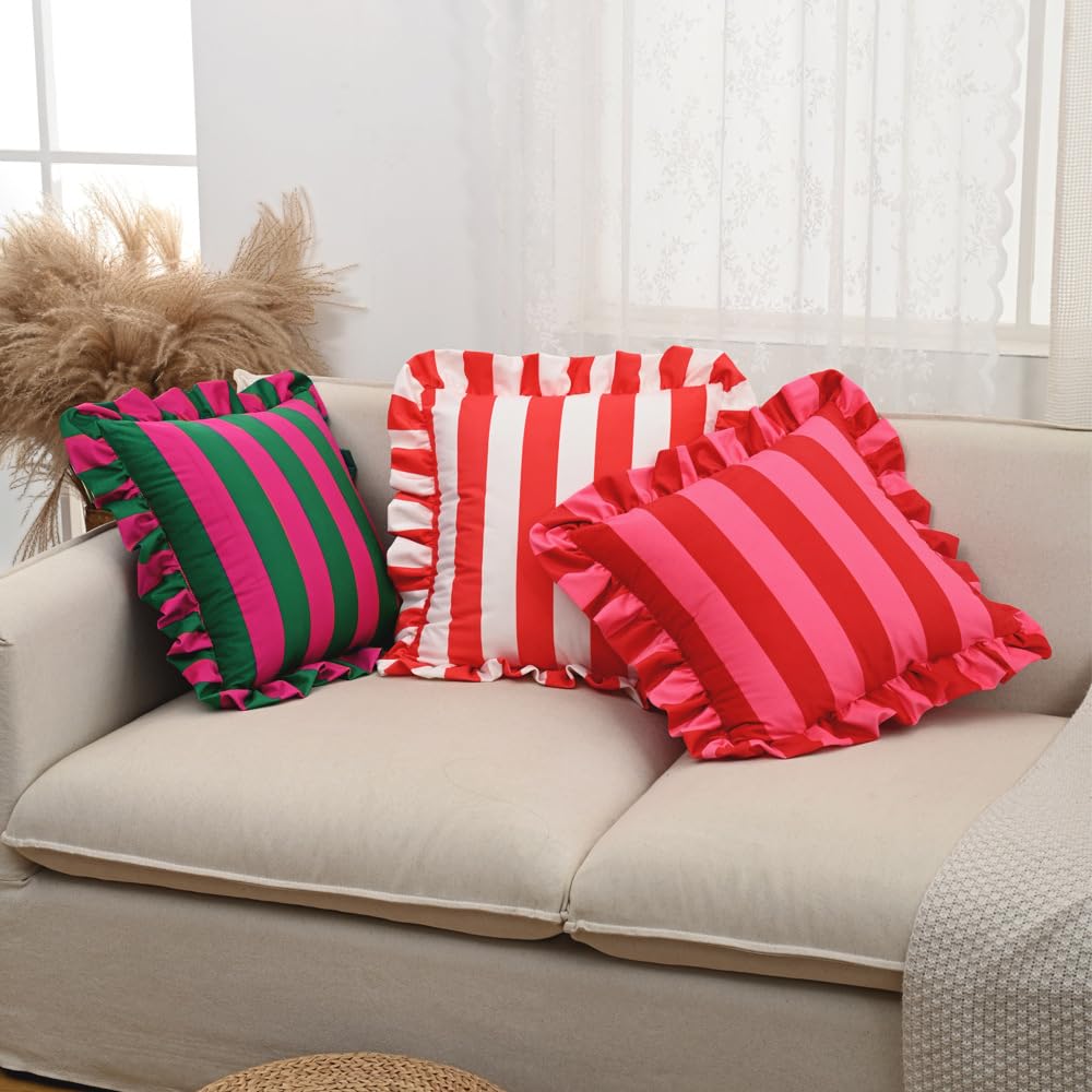 Pink & Red Striped Ruffle Pillow Covers – Velvet 18x18, Set of 2