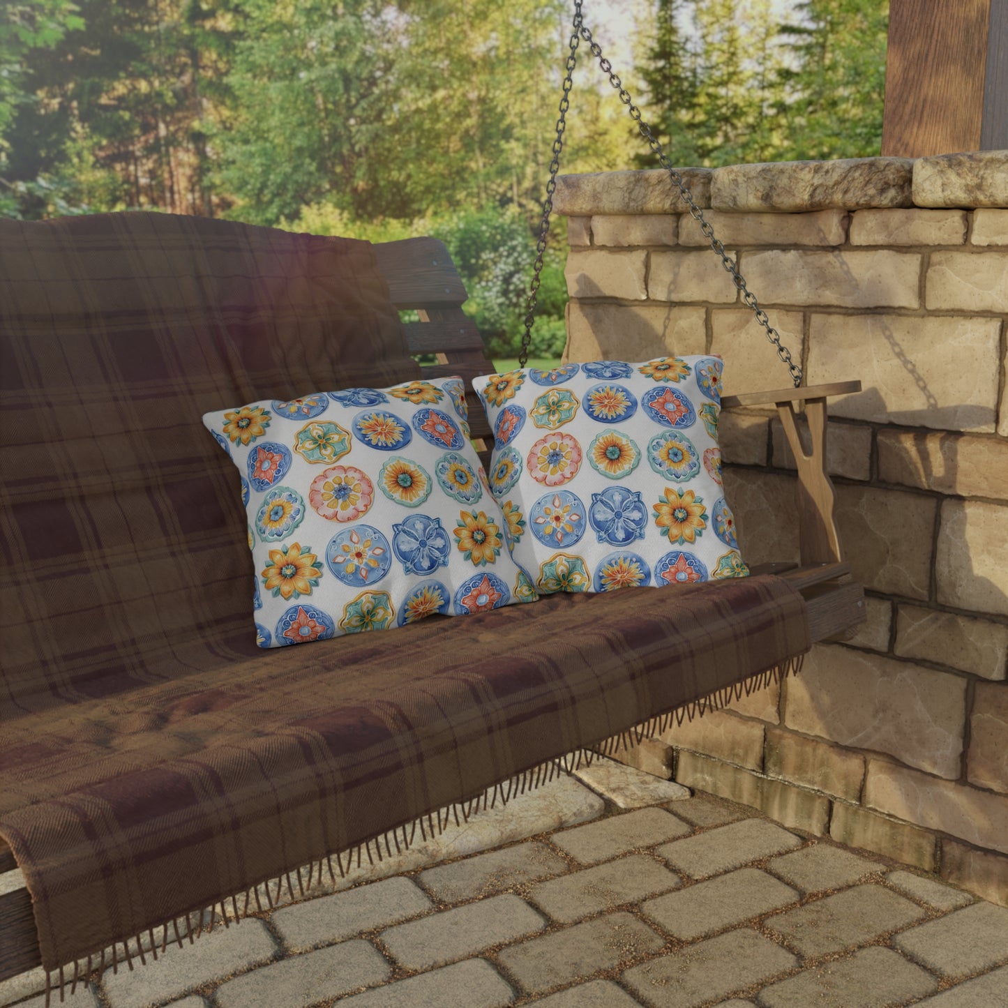 Bright Multicolor Abstract Tile Mosaic Outdoor Pillows