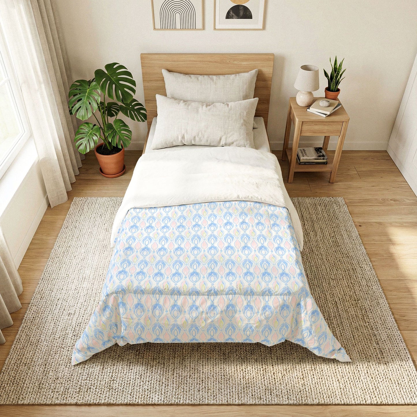 Coquette Watercolor Damask Cotton Comforter — Feminine Floral Bedroom Quilt