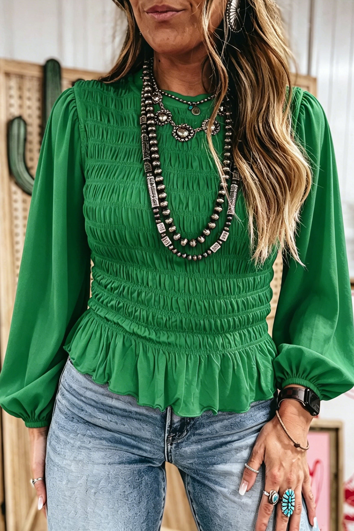 Coffee Solid Color Smocked Ruffle Hem Long Sleeve Blouse