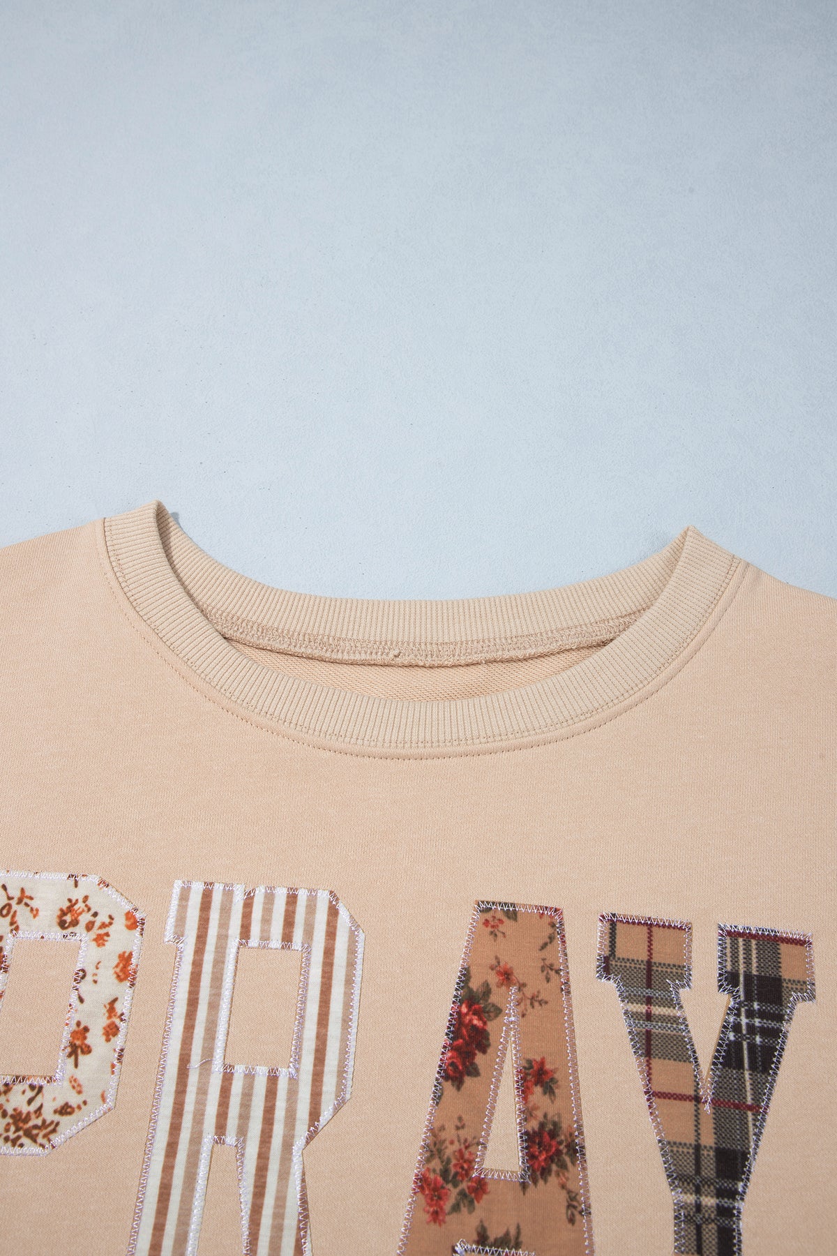 Coffee PRAY Letter Patchwork Round Neck Long Sleeve Plus Size Sweatshirt