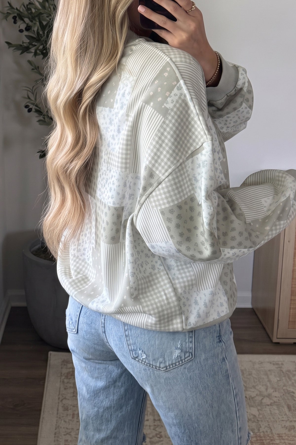 Sky Blue Patchwork Floral Print Mock Neck Long Sleeve Sweatshirt