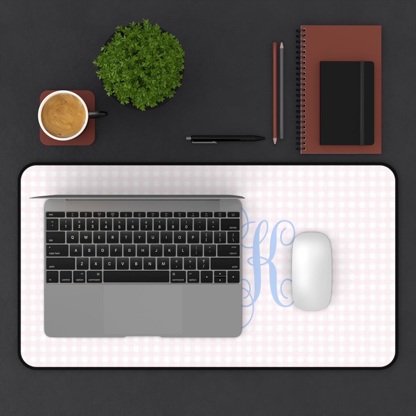 Blue Script Monogram Desk Mat | Pink Gingham Mouse Pad