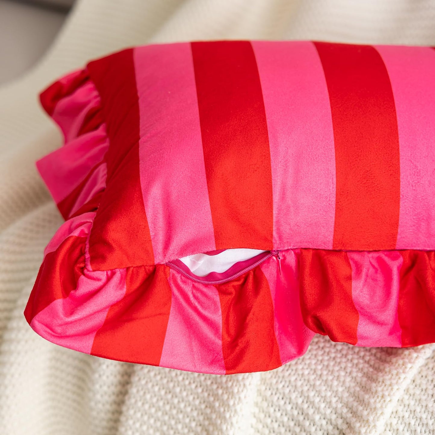 Pink & Red Striped Ruffle Pillow Covers – Velvet 18x18, Set of 2