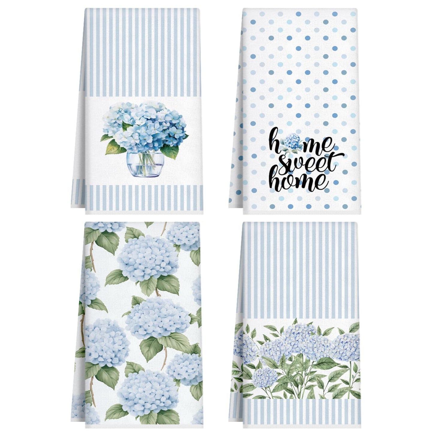 4 Pack Blue Hydrangea Kitchen Hand Towels