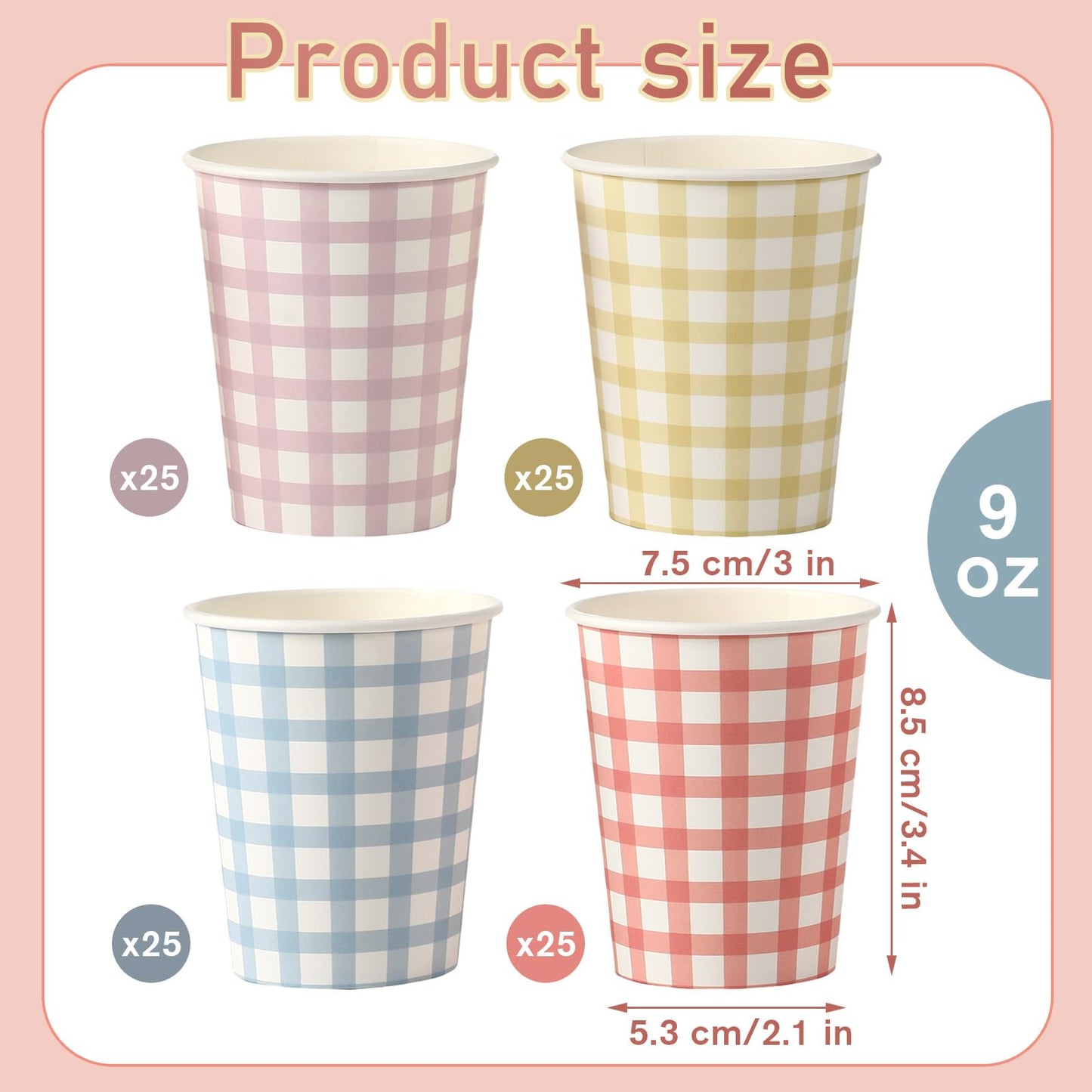 Gingham Disposable Paper Cups 9oz – 100‑Pack, 4 Colors