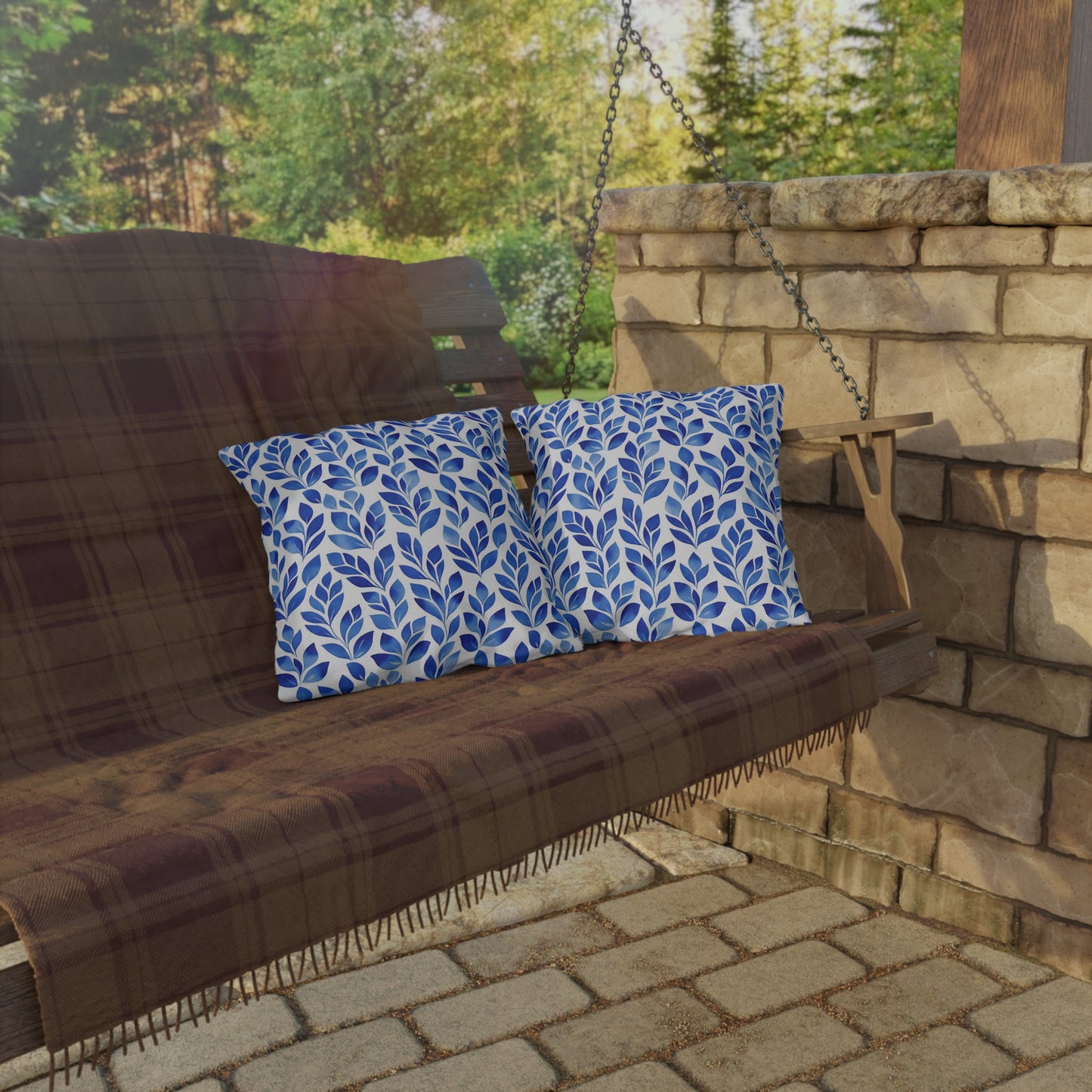 Blue and White Floral Leaf Pattern Outdoor Pillow