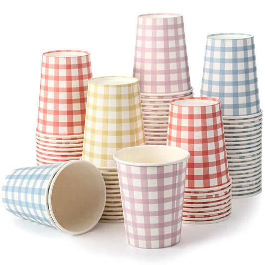 Gingham Disposable Paper Cups 9oz – 100‑Pack, 4 Colors
