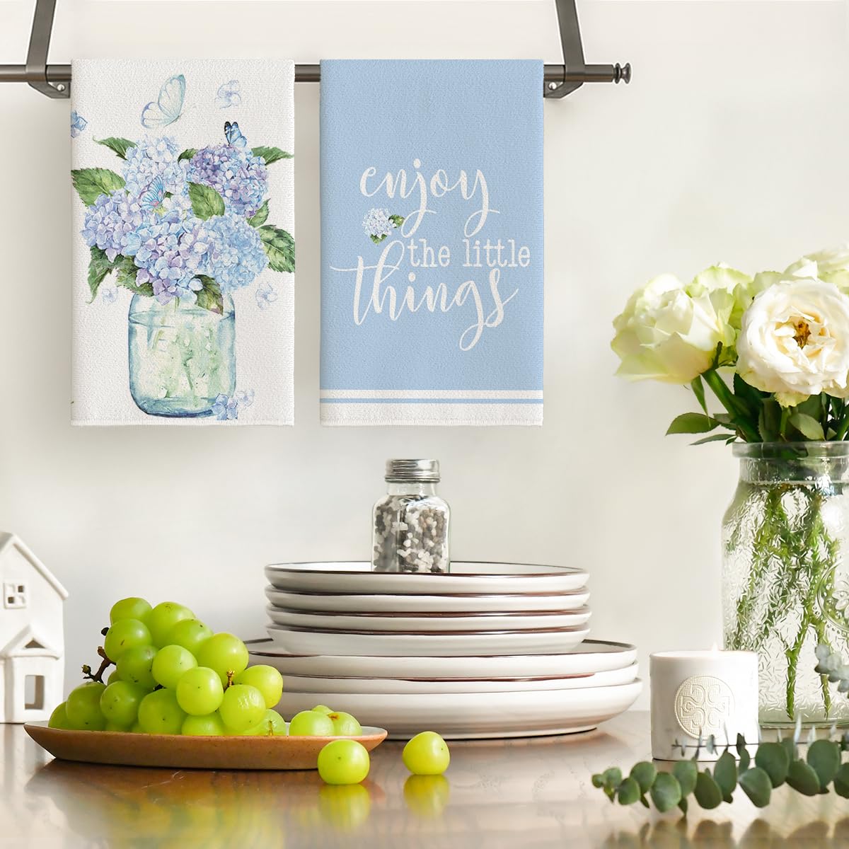 Blue Hydrangea Kitchen Towels Dish Towels, Set of 4