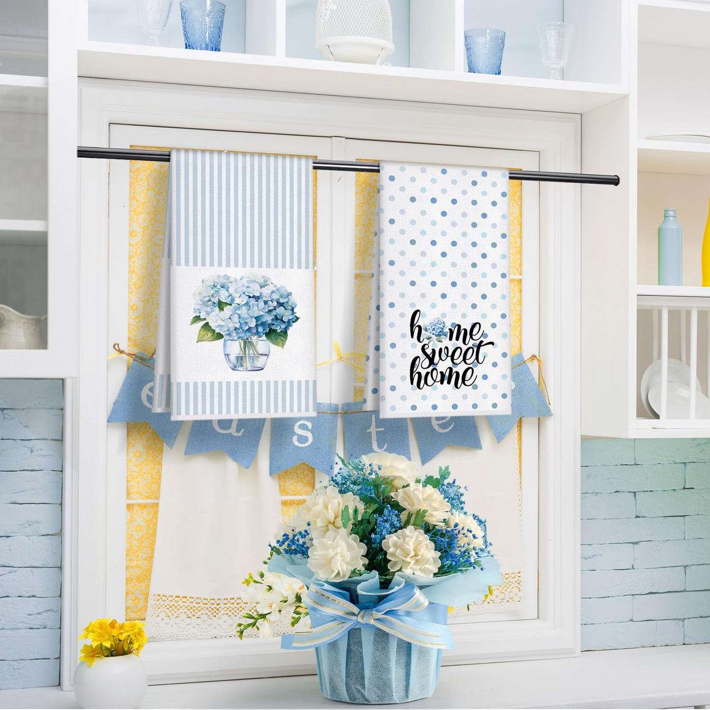 4 Pack Blue Hydrangea Kitchen Hand Towels