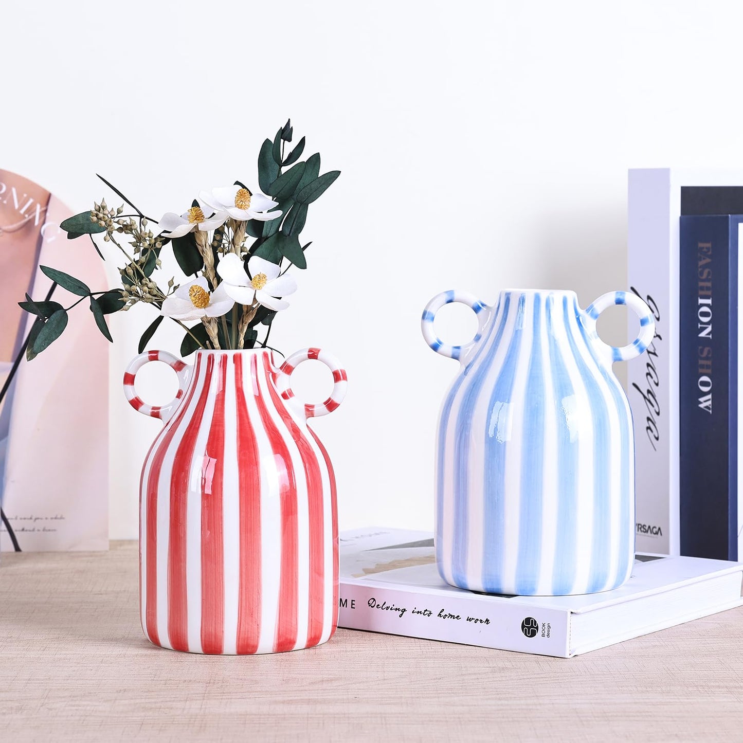 Red & White Ceramic Vase – Mid‑Century Modern Striped Design
