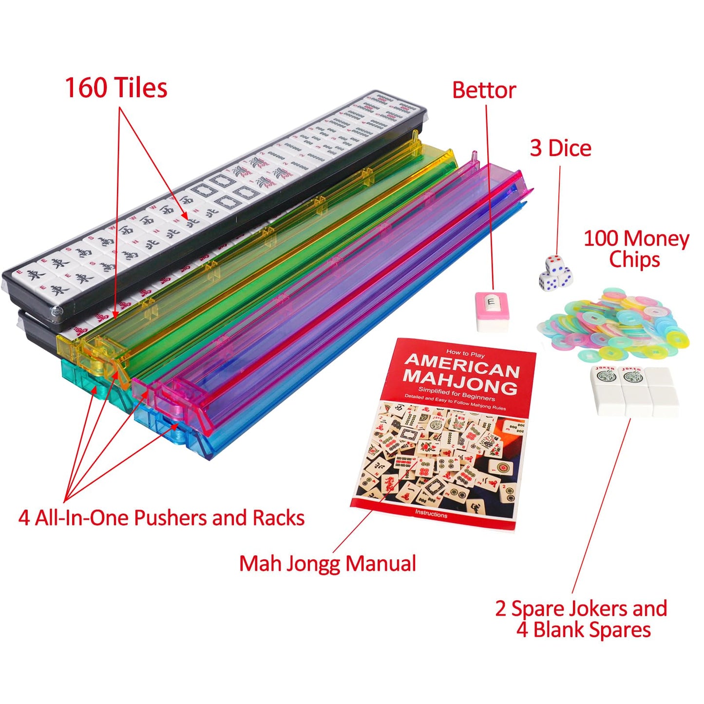 Jongyance American Mahjong Set with Blue Carrying Bag, 166 White Tiles, 4 All-in-One Rack/Pushers, Mahjong Tiles Set (Ma Jong, Mah-Jongg, Majiang)