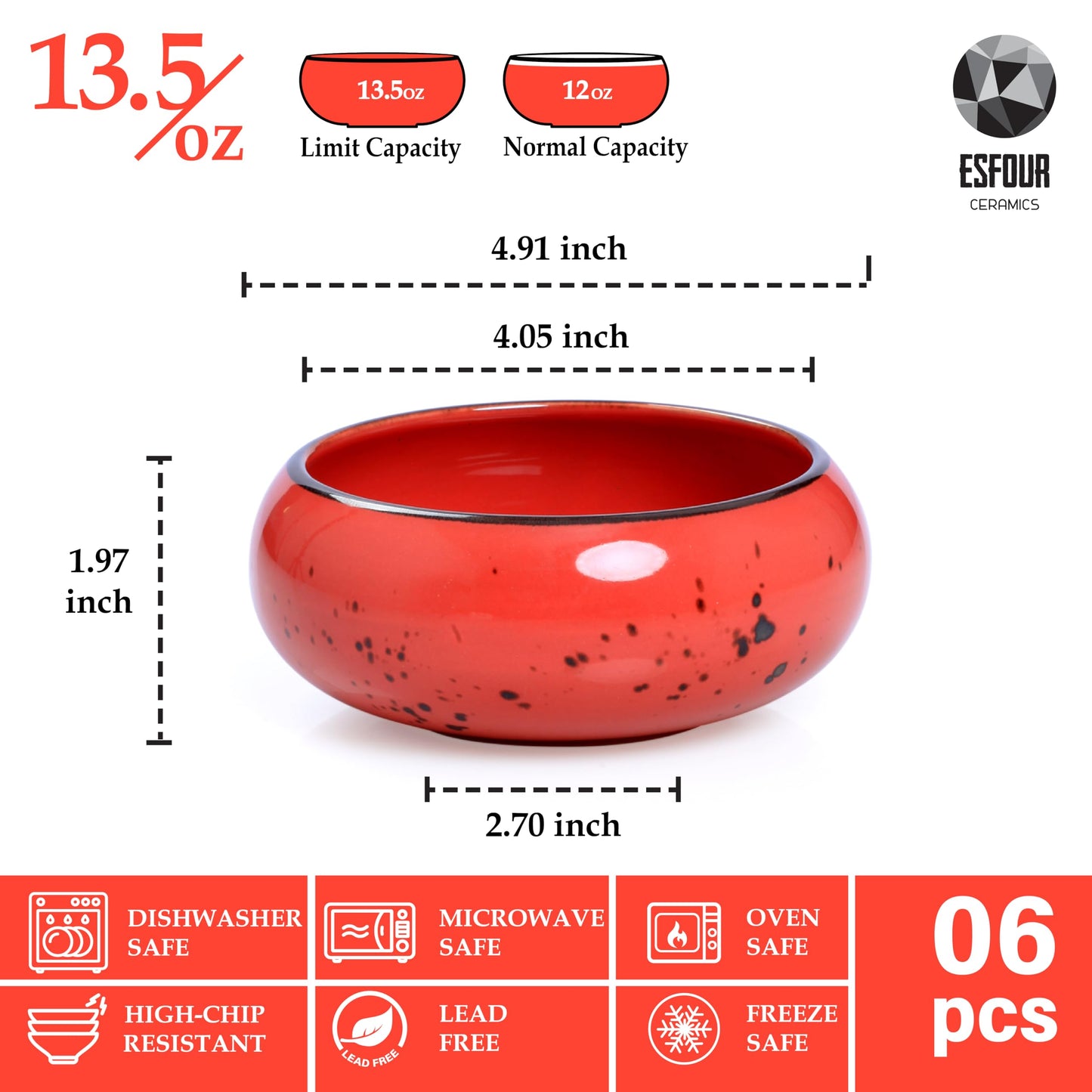 Esfour Ceramics Dessert Bowls Set of 6 – 13.5oz Assorted Colors