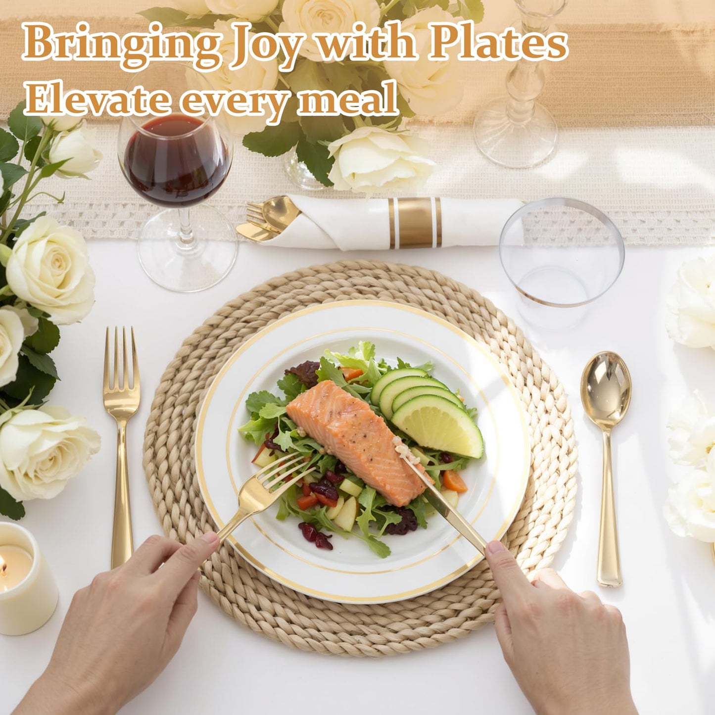 Gold Disposable Dinnerware Set for 50 Guests | Elegant Party Plates & Cutlery