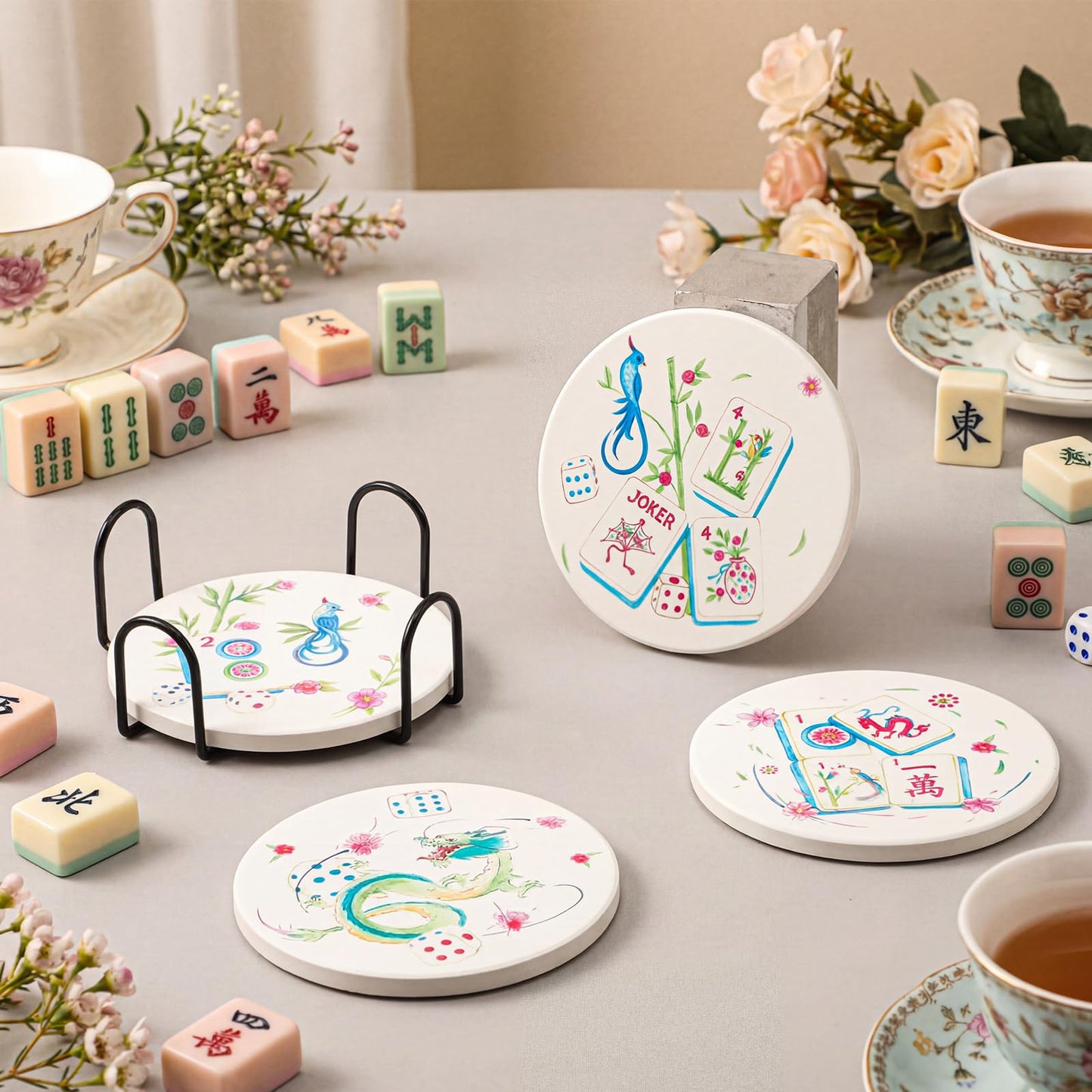 4 Pcs Mahjong Coasters with Holder Ceramic Drink Coasters: Amazon