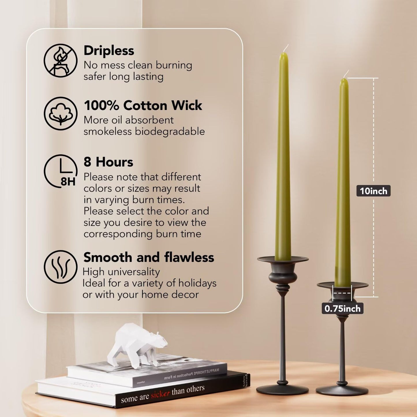Olive Green Dripless Taper Candles 10" – Set of 4 Smokeless & Unscented