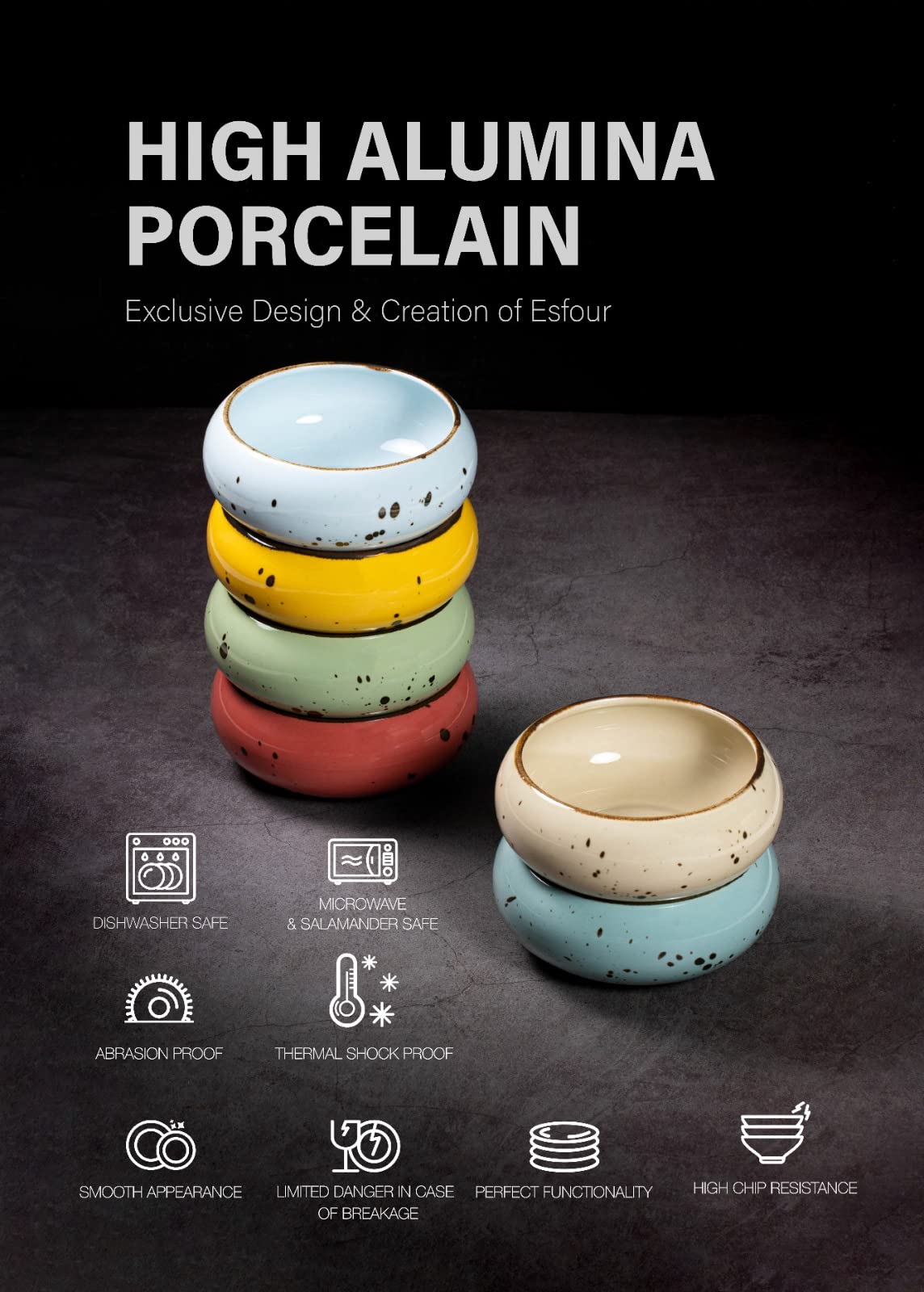 Esfour Ceramics Dessert Bowls Set of 6 – 13.5oz Assorted Colors