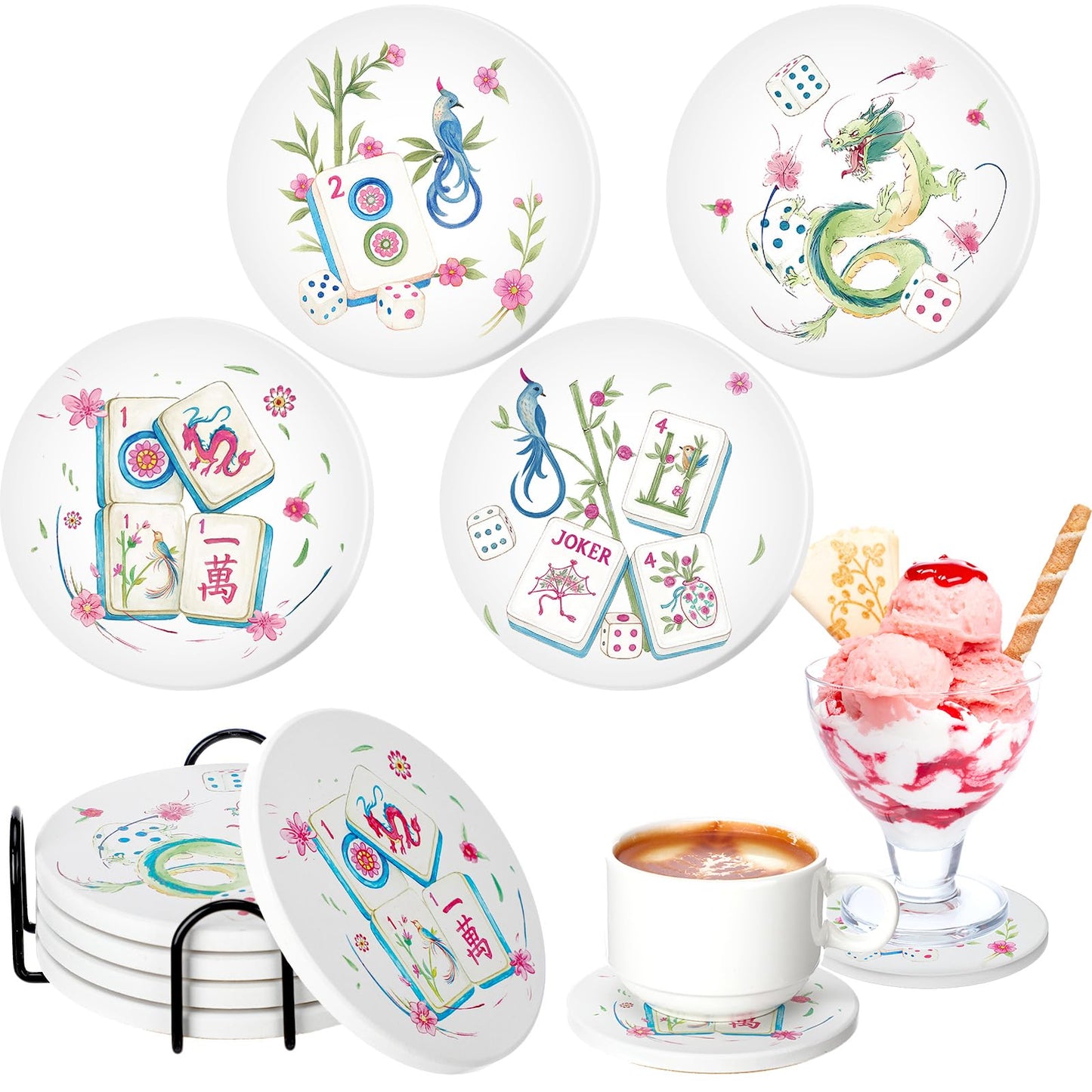 4 Pcs Mahjong Coasters with Holder Ceramic Drink Coasters: Amazon