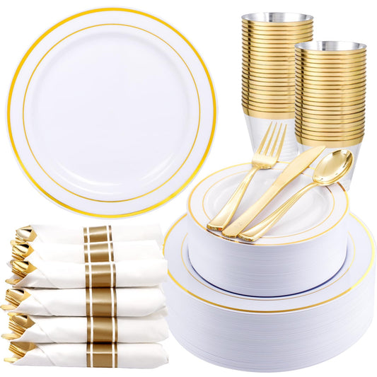 Gold Disposable Dinnerware Set for 50 Guests | Elegant Party Plates & Cutlery