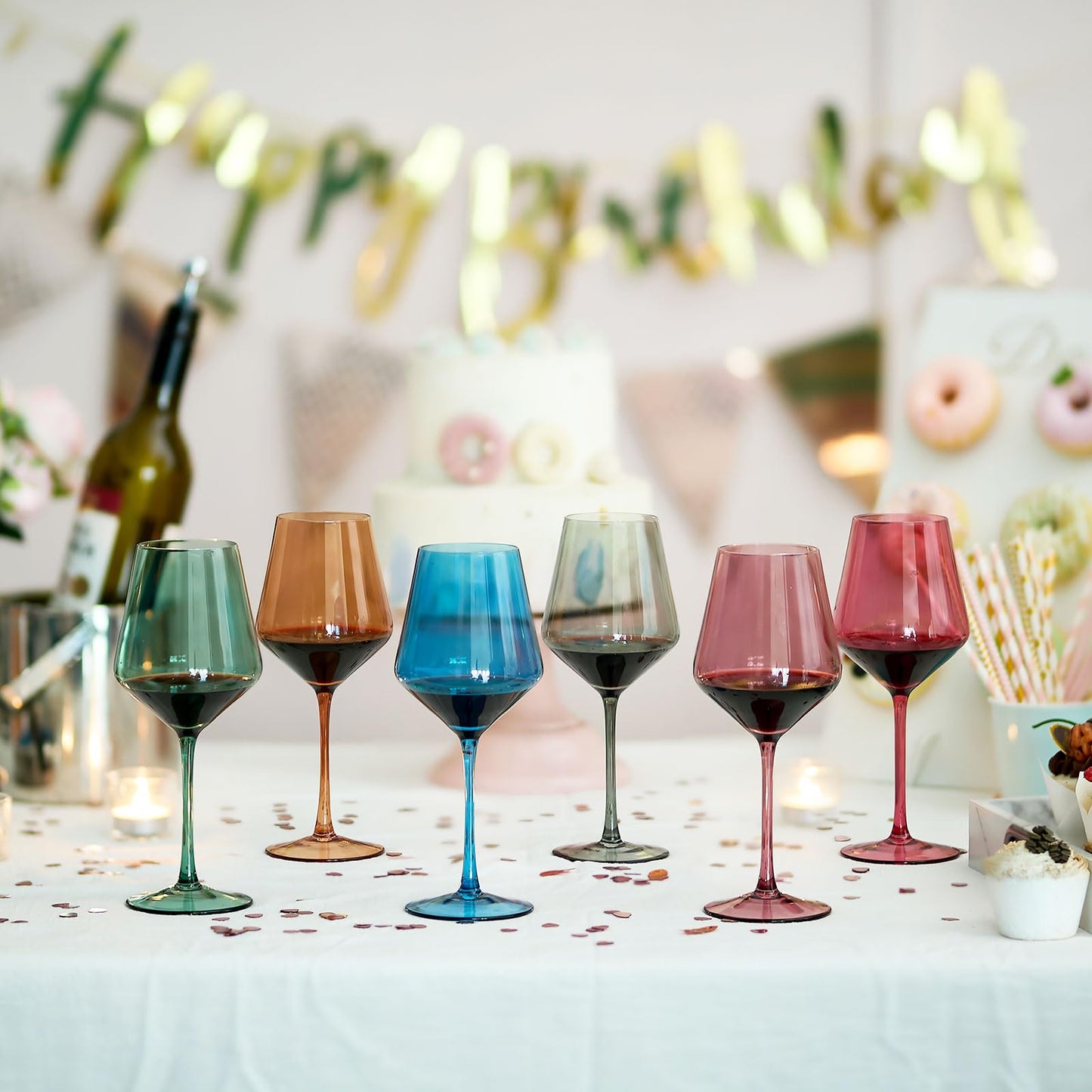Imourari Stemmed Colored Wine Glasses, 13.5oz Set of 6