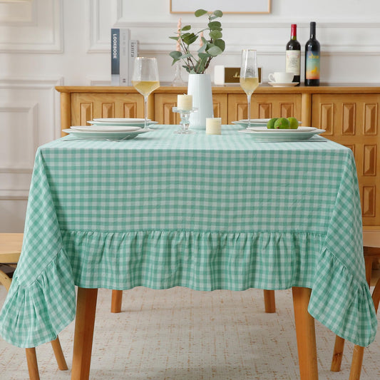 Spa Blue Gingham Ruffled Tablecloth – 102"x60" Washed Cotton