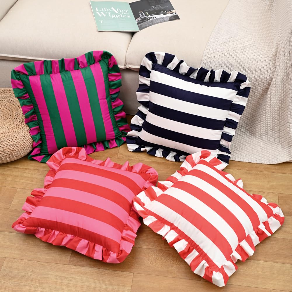 Pink & Red Striped Ruffle Pillow Covers – Velvet 18x18, Set of 2