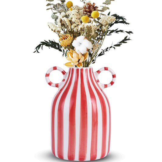 Red & White Ceramic Vase – Mid‑Century Modern Striped Design