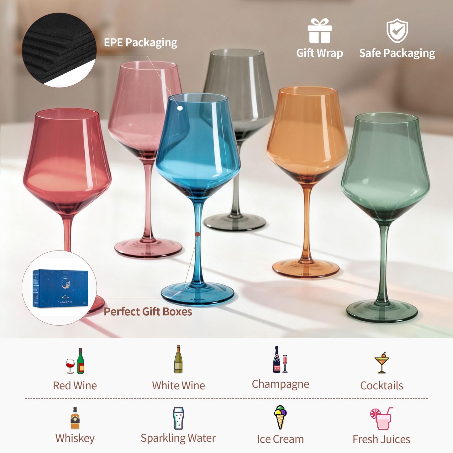 Imourari Stemmed Colored Wine Glasses, 13.5oz Set of 6