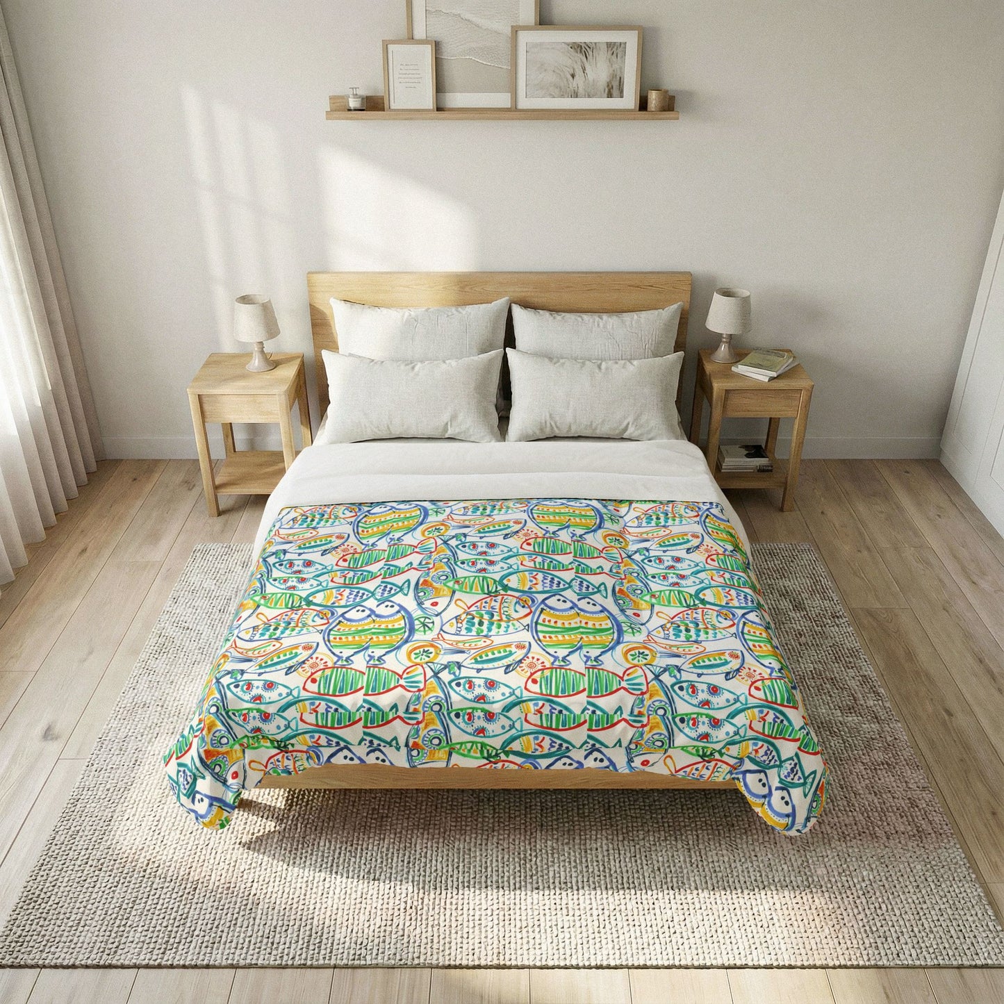 Beach House Cotton Comforter — Colorful Abstract Fish Design