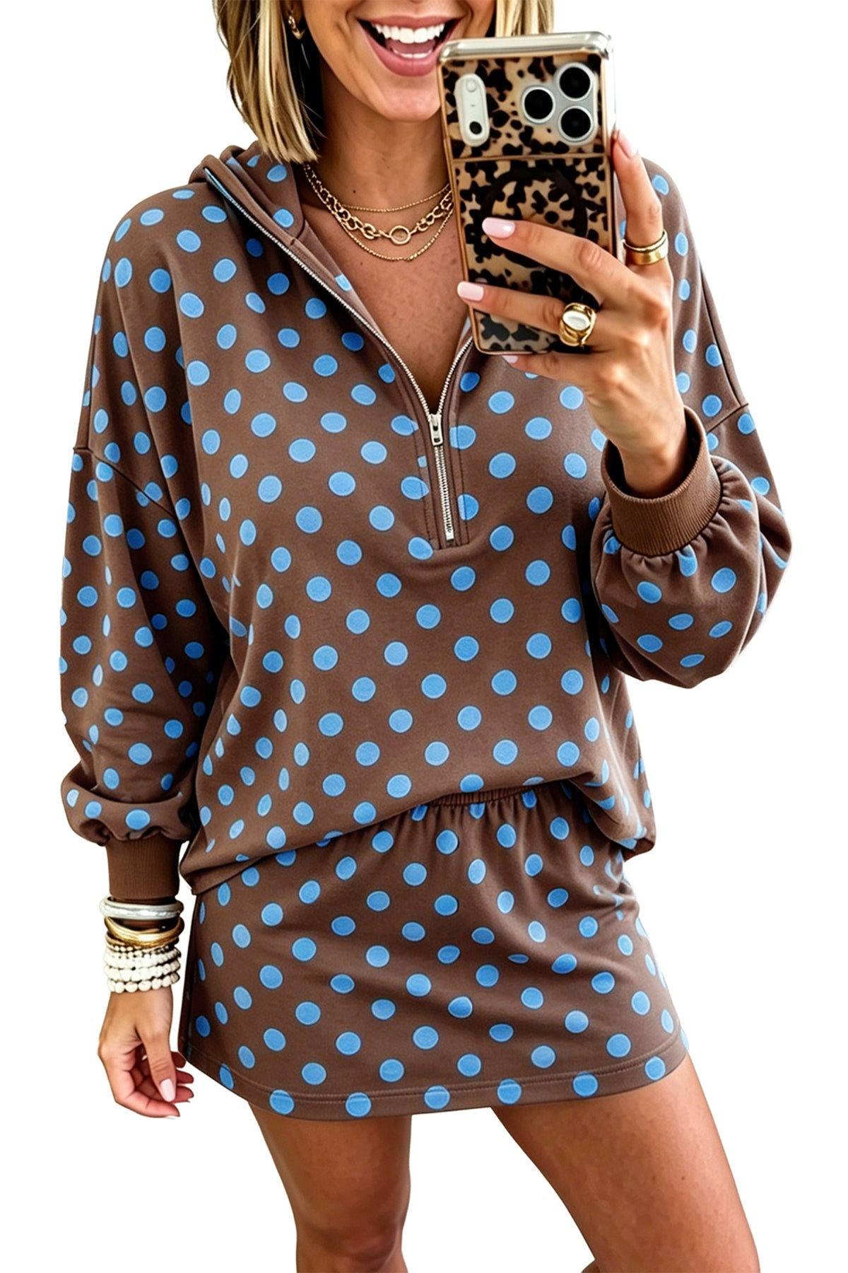 Orange Polka Dot Hooded Long Sleeve Top Casual Mini Skort Set