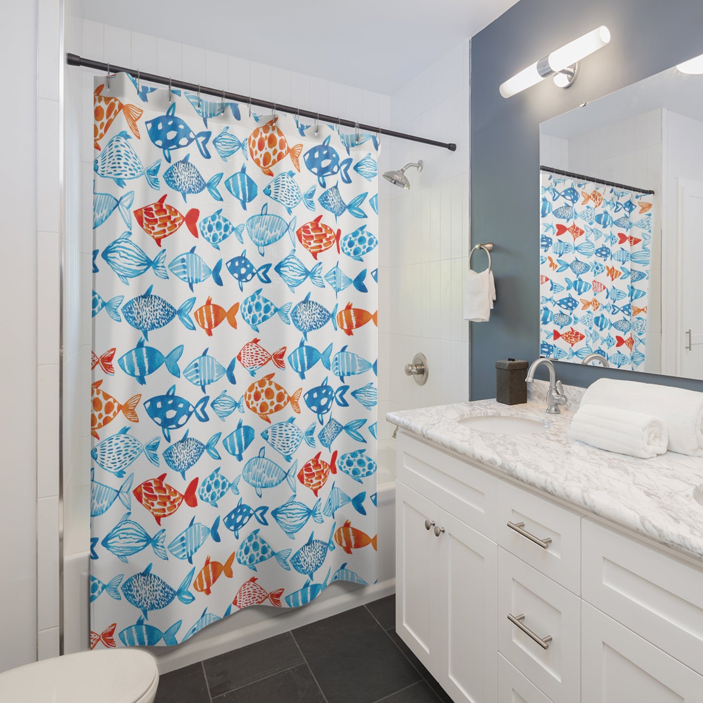 Coastal Fish Shower Curtain – Nautical Beach Bathroom Decor