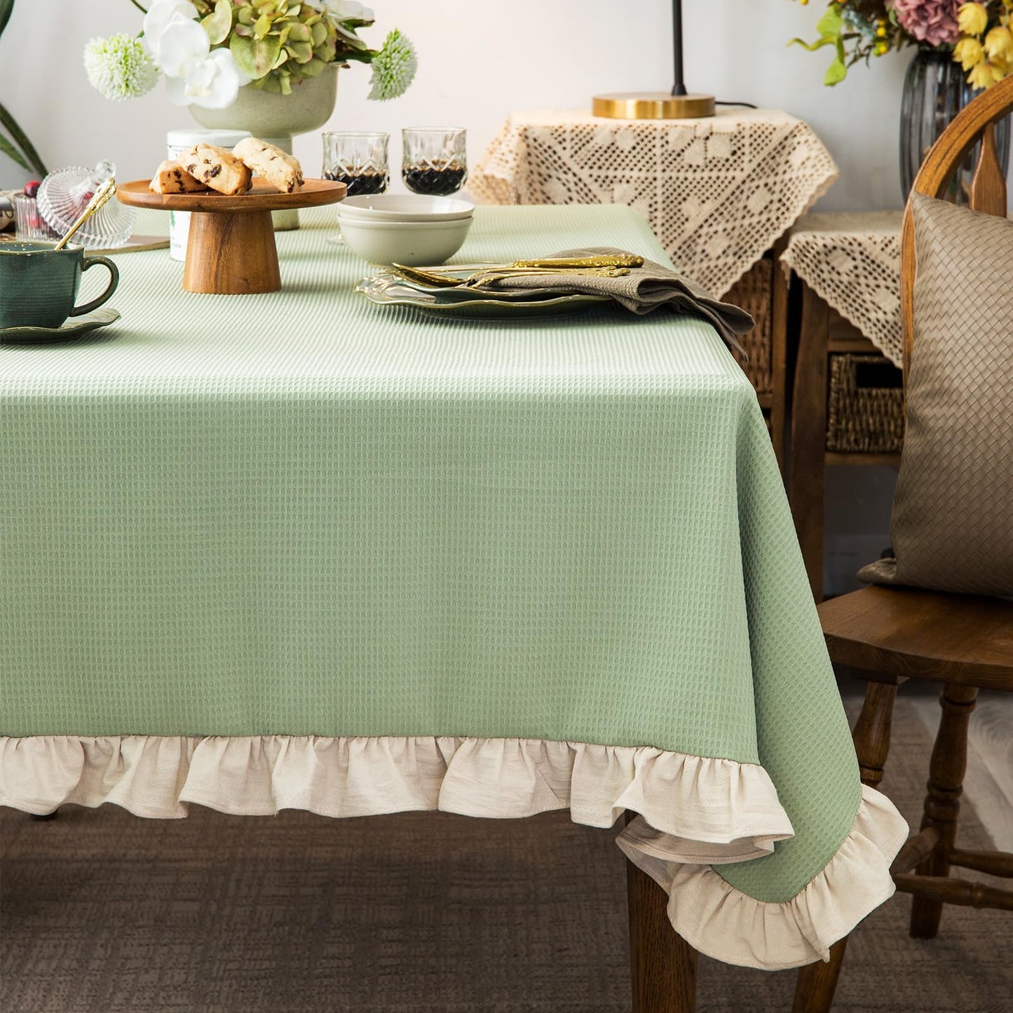 Waffle Weave Tablecloth with Ruffle Trim – Pea Green 52x70"