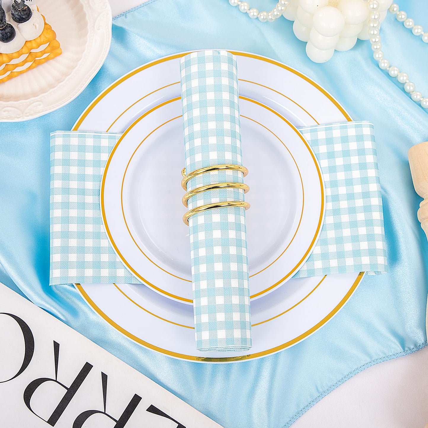 Baby Blue Checkered Napkins 150‑Pack – 3‑Ply Gingham Disposable