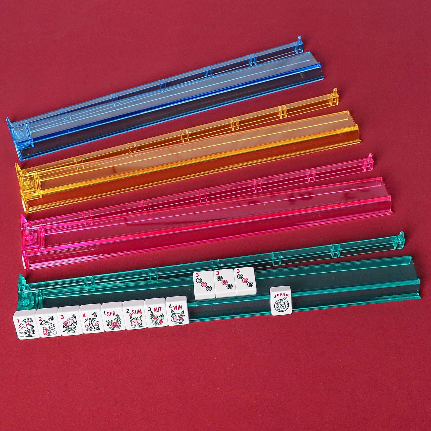 Jongyance American Mahjong Set with Blue Carrying Bag, 166 White Tiles, 4 All-in-One Rack/Pushers, Mahjong Tiles Set (Ma Jong, Mah-Jongg, Majiang)