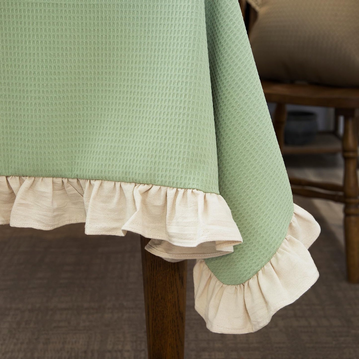 Waffle Weave Tablecloth with Ruffle Trim – Pea Green 52x70"