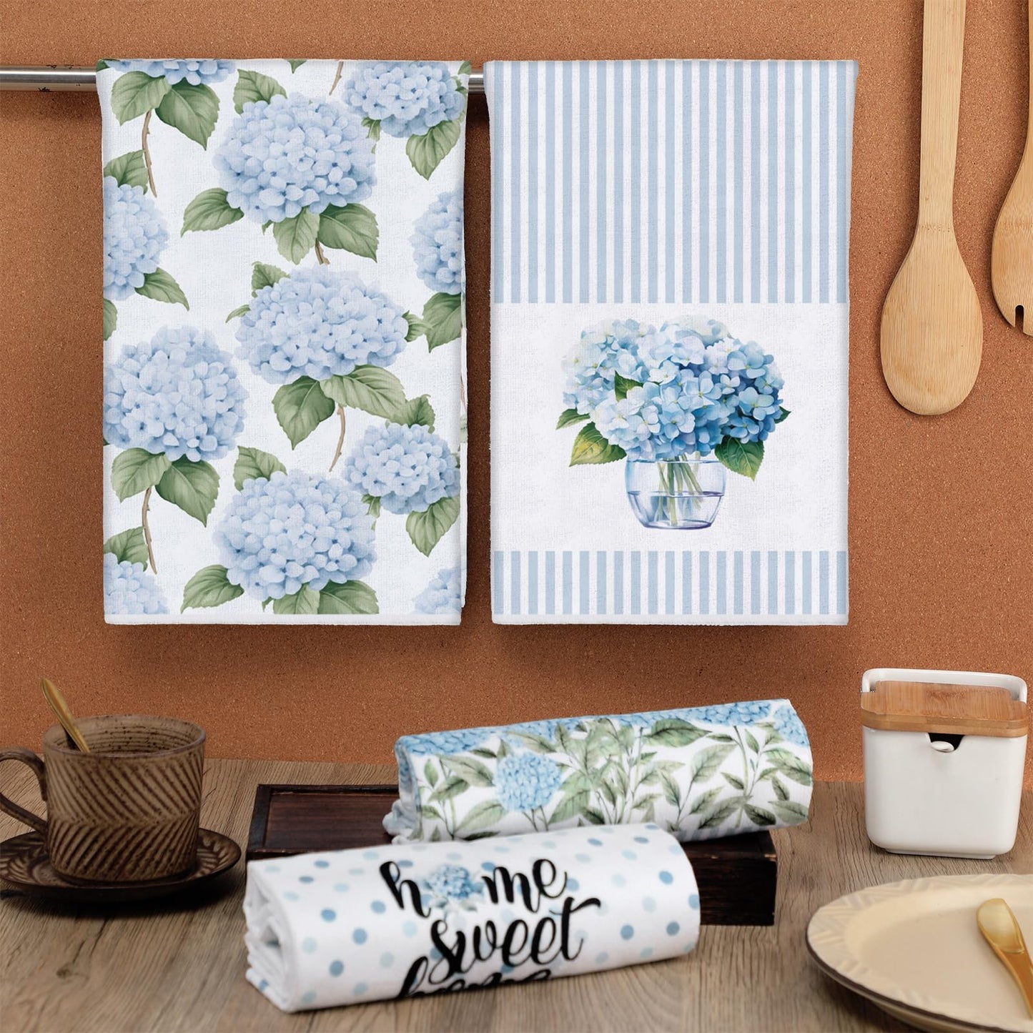 4 Pack Blue Hydrangea Kitchen Hand Towels