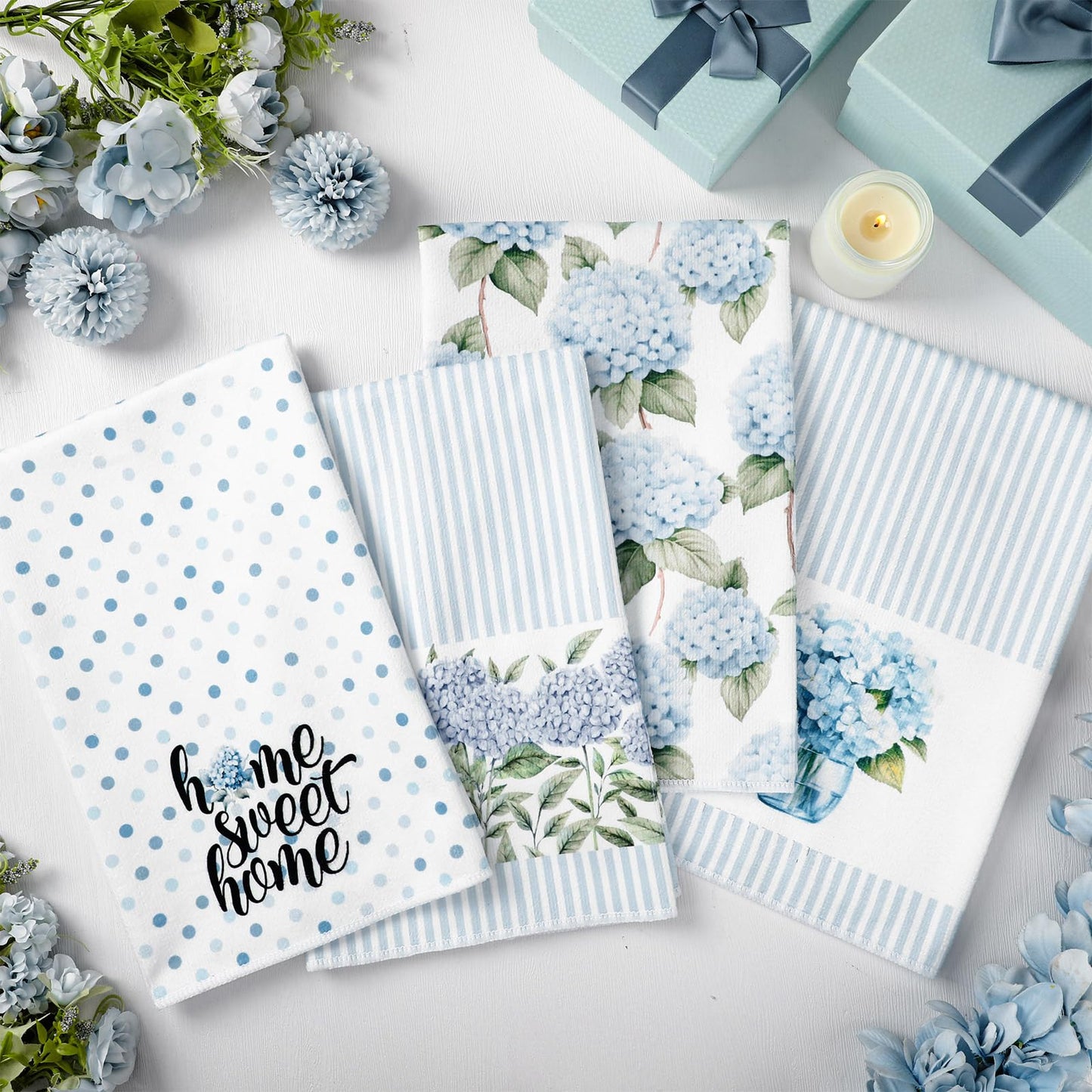 4 Pack Blue Hydrangea Kitchen Hand Towels