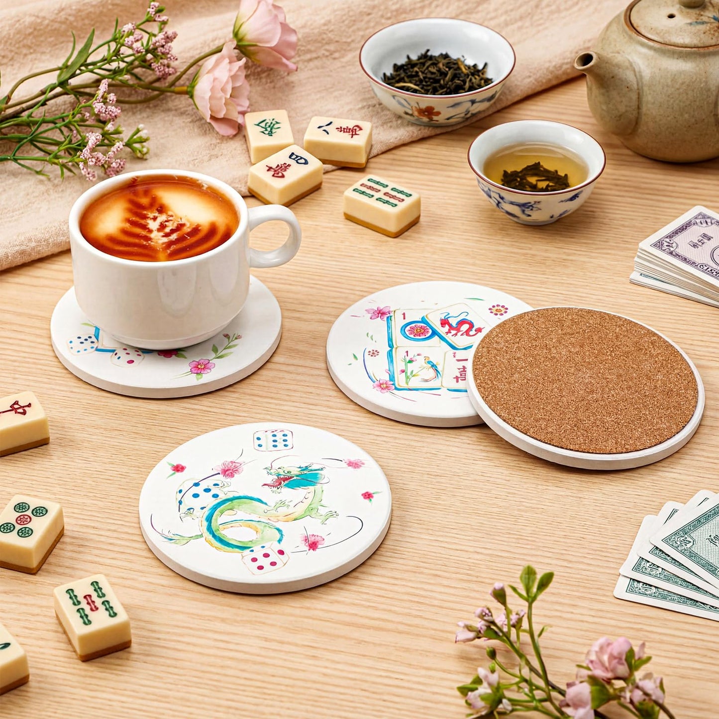 4 Pcs Mahjong Coasters with Holder Ceramic Drink Coasters: Amazon