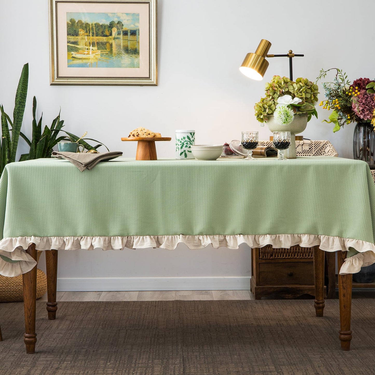Waffle Weave Tablecloth with Ruffle Trim – Pea Green 52x70"