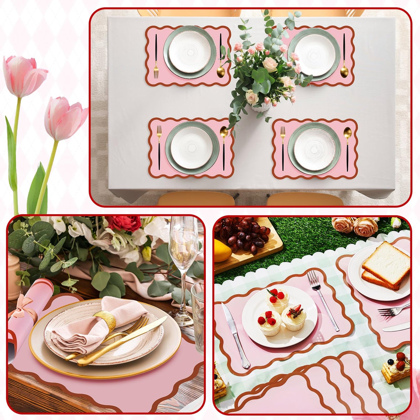 Pink Scalloped Paper Placemats – 60‑Pack Waterproof 10x14"