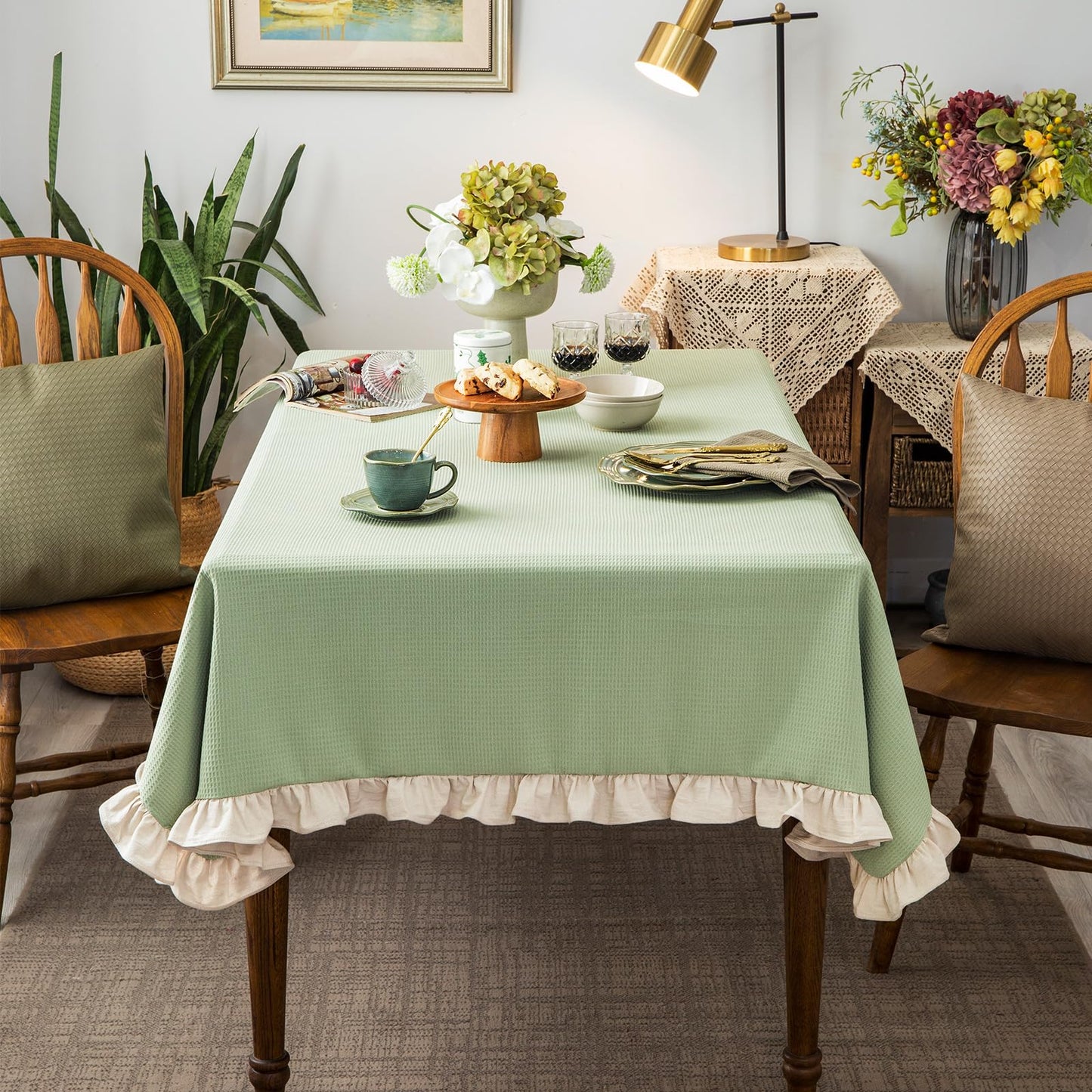 Waffle Weave Tablecloth with Ruffle Trim – Pea Green 52x70"