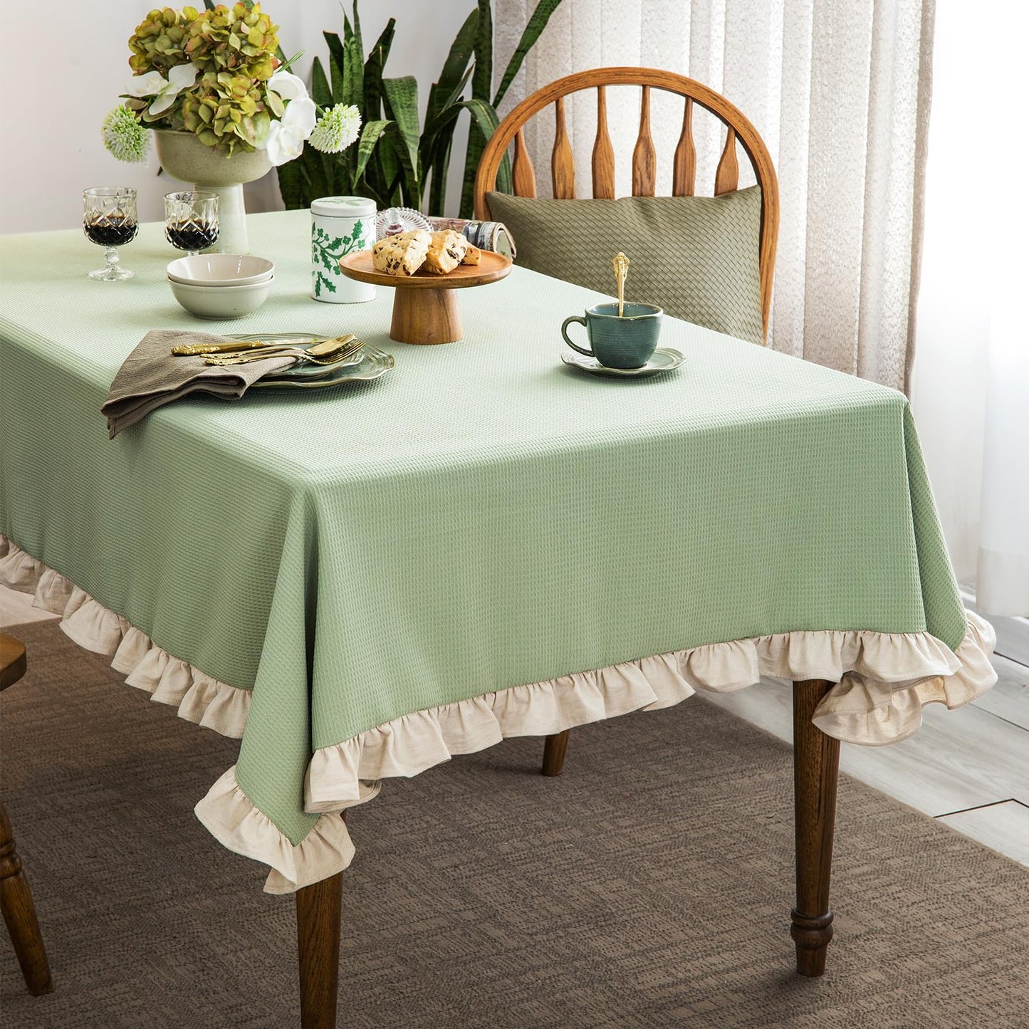 Waffle Weave Tablecloth with Ruffle Trim – Pea Green 52x70"