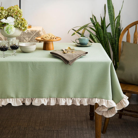 Waffle Weave Tablecloth with Ruffle Trim – Pea Green 52x70"